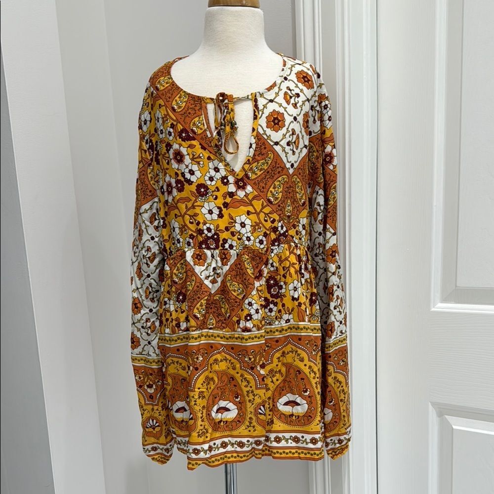 R. Vivimos Bohemian 97% Cotton Long Sleeve Babydoll Top NWT Size Large - Picture 2 of 10